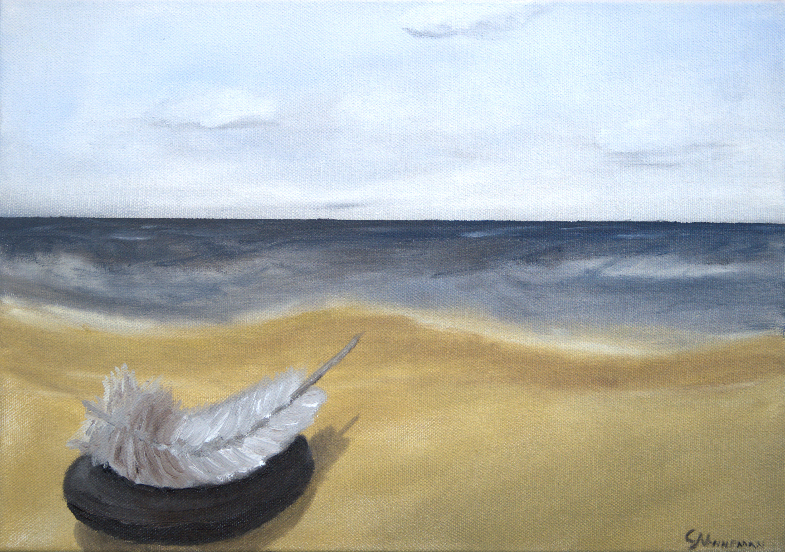Feather on stone — oil on canvas